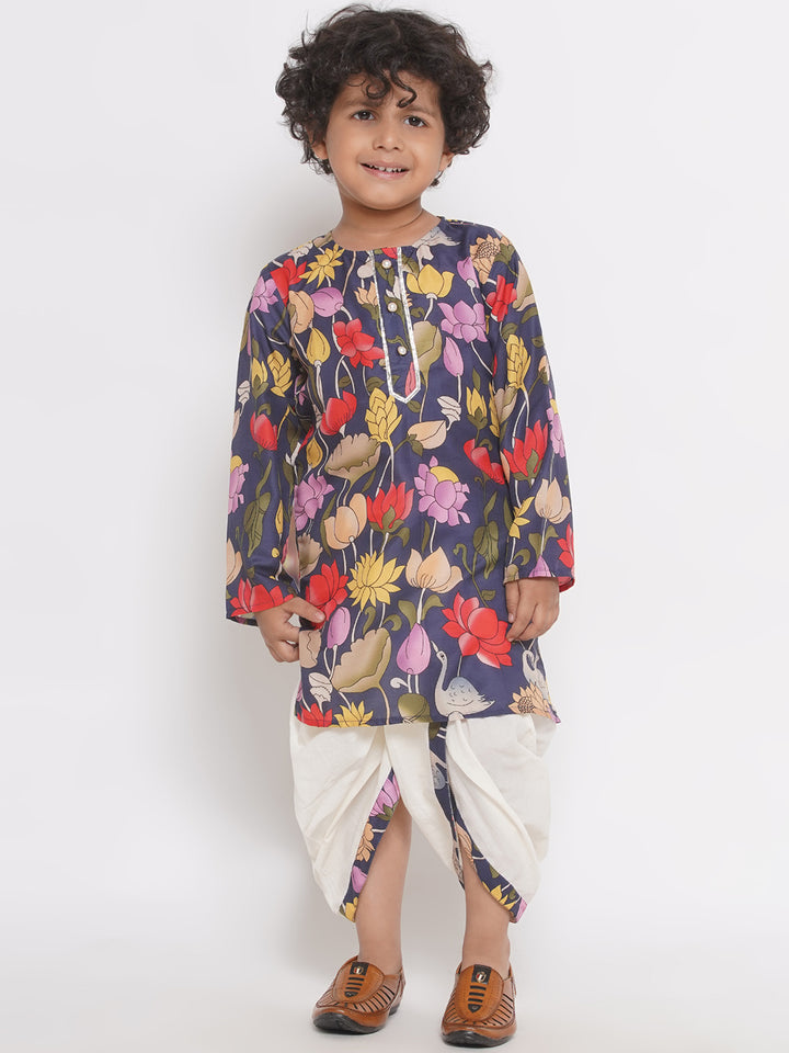 Wild Lotus & Flamingo Print Kurta with Pearl Button & Dhoti - Navy Blue - Little Bansi