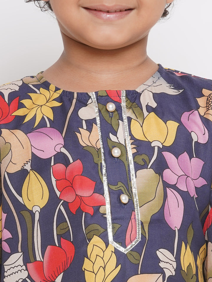 Wild Lotus & Flamingo Print Kurta with Pearl Button & Dhoti - Navy Blue - Little Bansi