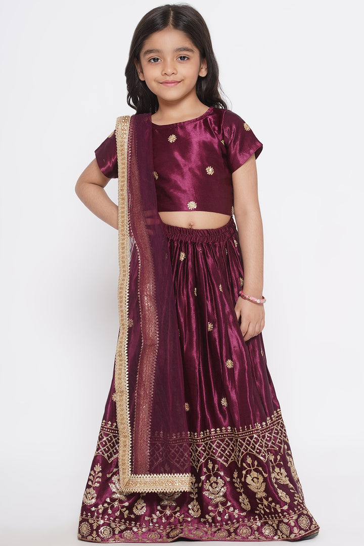 Floral Buti Sequence work Blouse with Sequins work Lehenga with Dupatta - Wine - Little Bansi