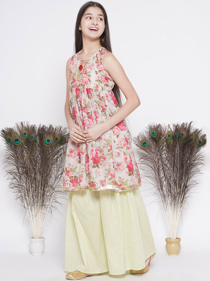 Gulabo Frock Style Kurta with golden strip sharara and Dupatta - Little Bansi
