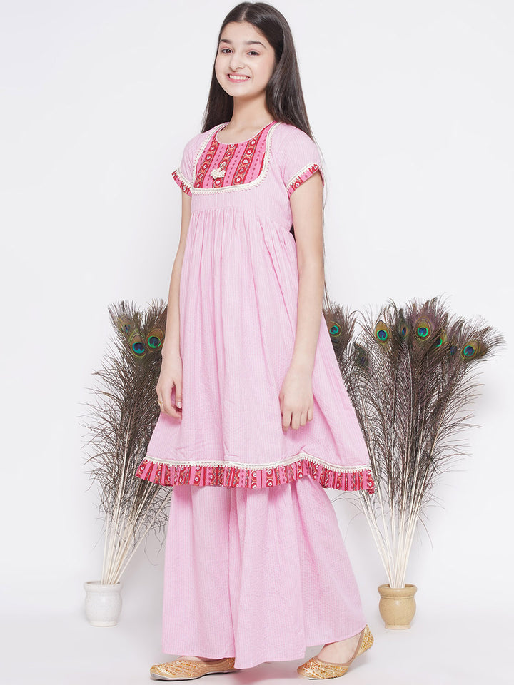 Floral patch and lace work Frock Style Kurta with sharara and Dupatta - Little Bansi