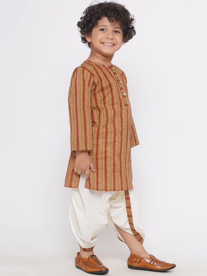 Bengali Print Kurta with Pearl Button & Dhoti - Brown - Little Bansi