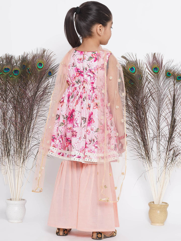 Gulabo Frock Style Kurta with Sharara and Dupatta - Pink & Peach - Little Bansi