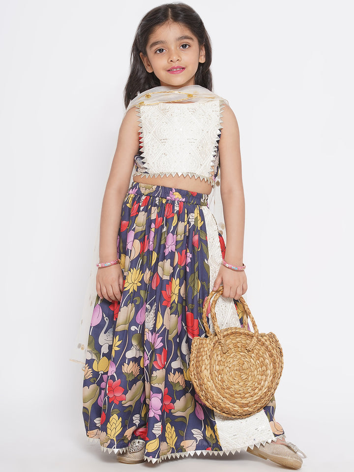 Indowestern Top with Floral Ghararara and Dupatta - Navy Blue - Little Bansi