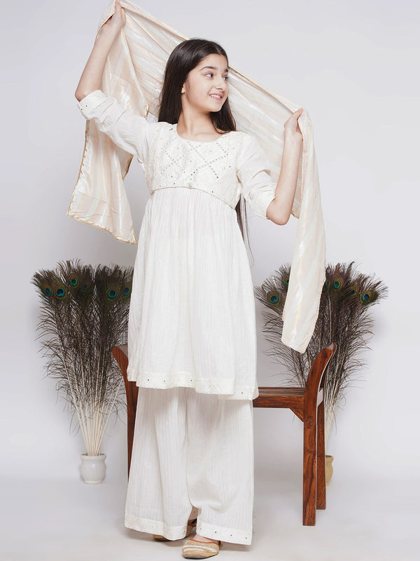 Frock style Kurta with Mirror work attached Jacket and Sharara with Dupatta - Little Bansi