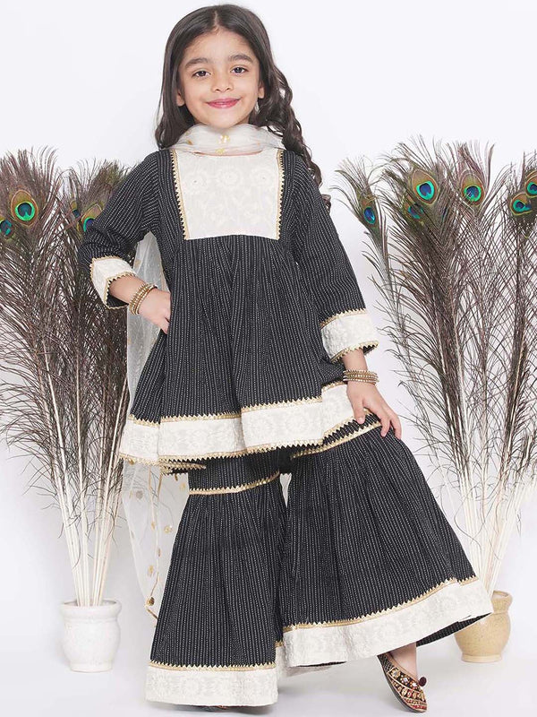 Frock Style Kurta with Floral Embroidery work and Sharara with Dupatta - Little Bansi