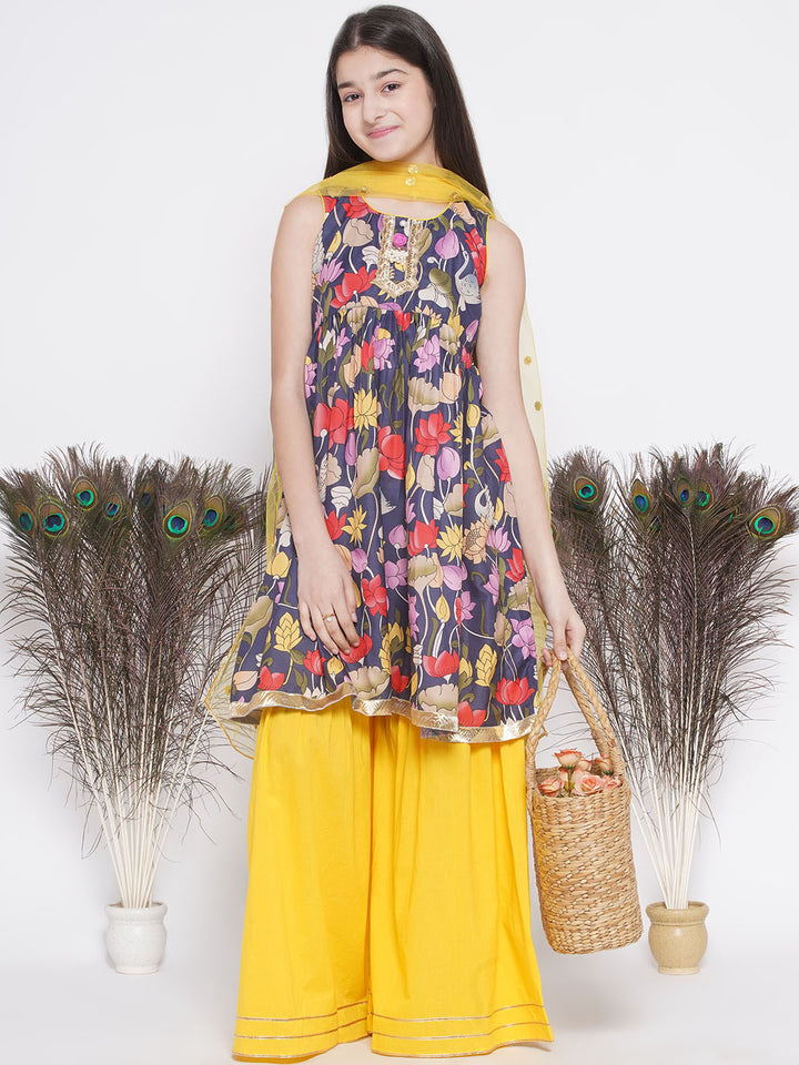 Lotus & Duck Print Frock Style Kurta with Gota work sharara and Dupatta - Little Bansi