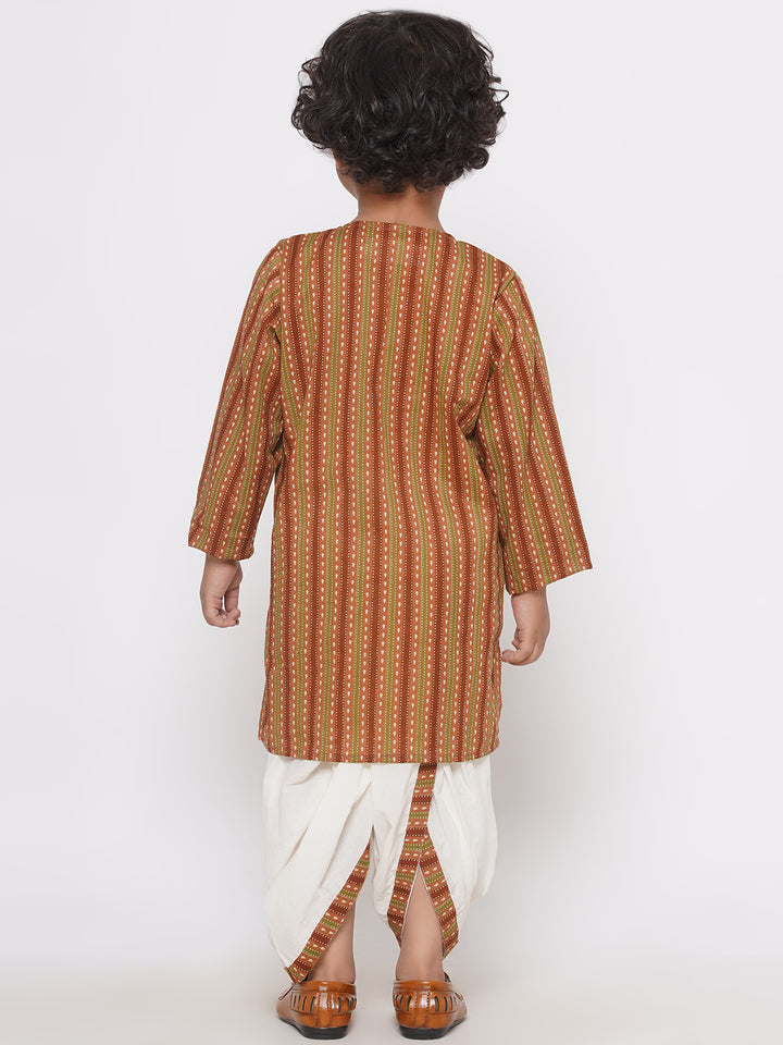 Bengali Print Kurta with Pearl Button & Dhoti - Brown - Little Bansi