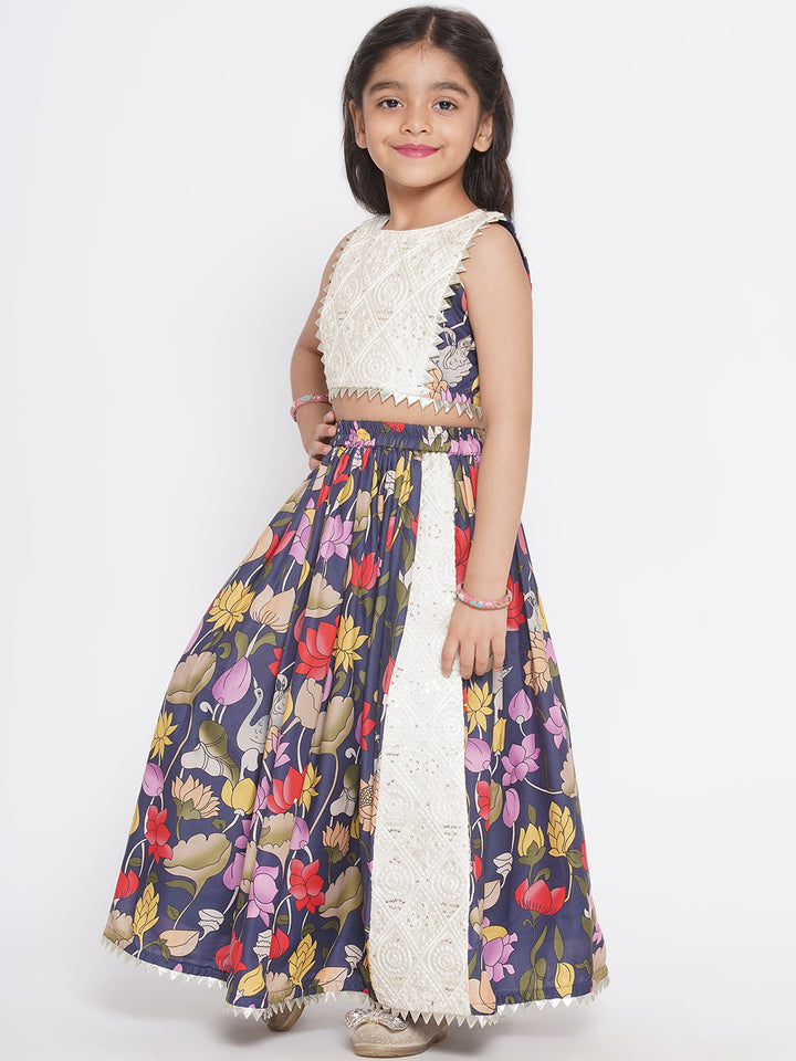 Indowestern Top with Floral Ghararara and Dupatta - Navy Blue - Little Bansi