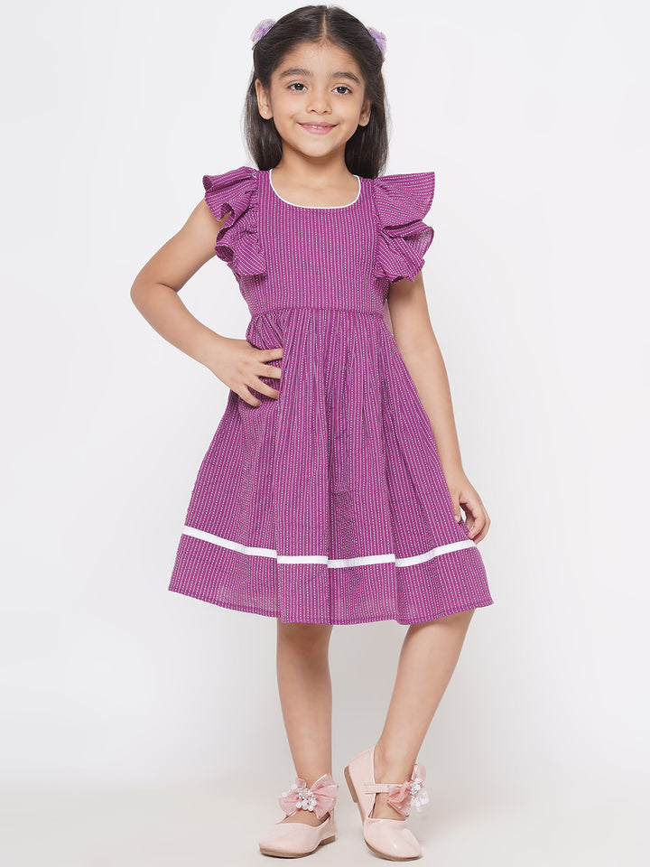 Little Bansi Girls Thread Work Ruffled Frock - Plum - Little Bansi