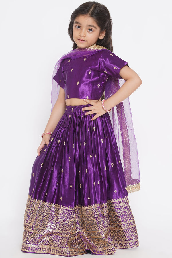 Silk Blouse with Lehenga and Dupatta with Sequins Work - Little Bansi