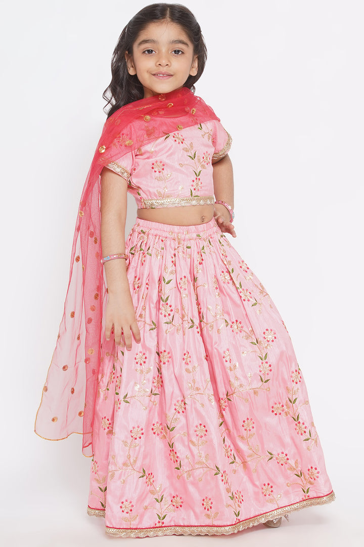 Silk Blouse with Lehenga and Dupatta with Floral Embroidery - Little Bansi