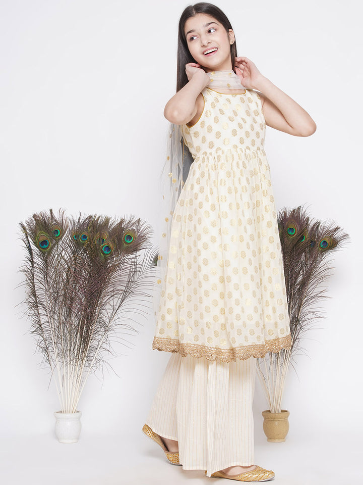 Banarsi floral work Frock Style Kurta with Golden Striped Sharara with Dupatta - Little Bansi