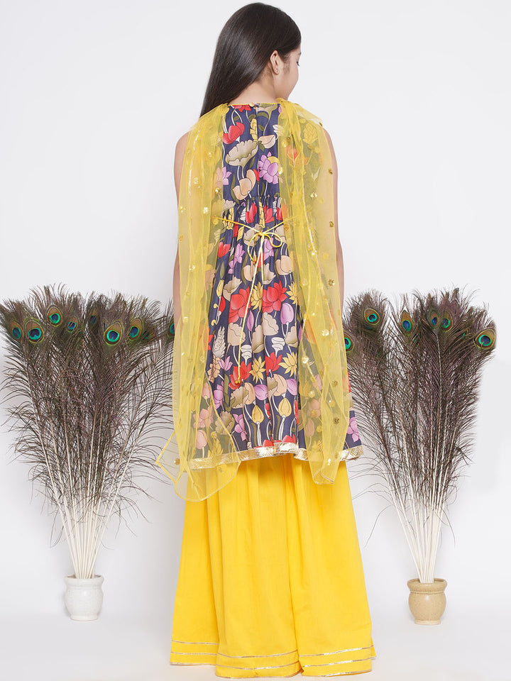 Lotus & Duck Print Frock Style Kurta with Gota work sharara and Dupatta - Little Bansi