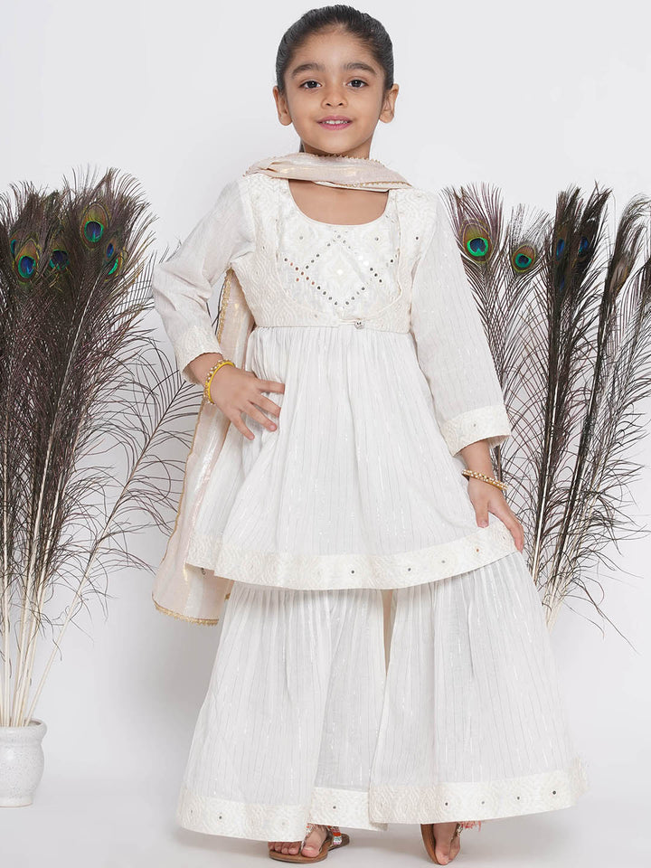 Frock style Kurta with Mirror work attached Jacket and Sharara with Dupatta - Little Bansi