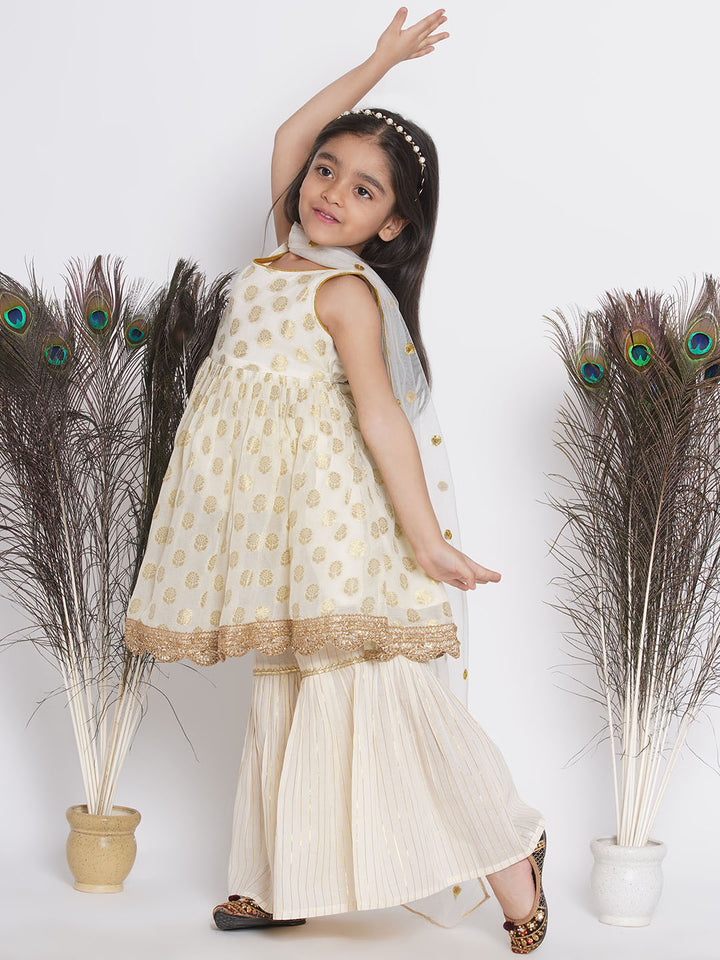 Banarsi floral work Frock Style Kurta with Golden Striped Sharara with Dupatta - Little Bansi