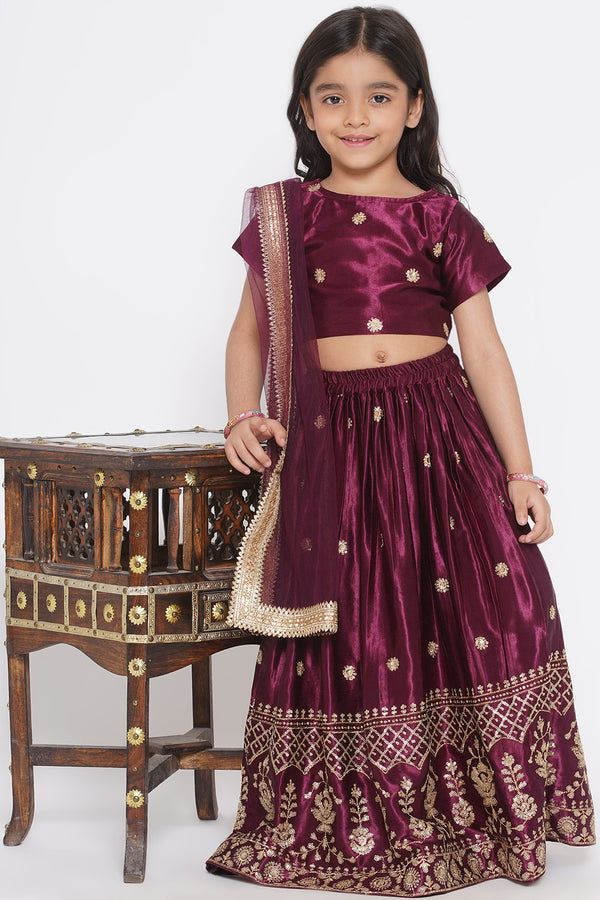 Floral Buti Sequence work Blouse with Sequins work Lehenga with Dupatta - Wine - Little Bansi