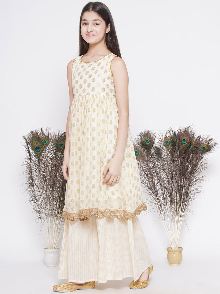 Banarsi floral work Frock Style Kurta with Golden Striped Sharara with Dupatta - Little Bansi