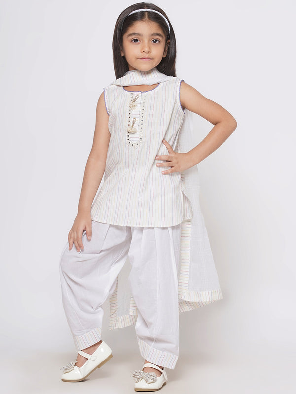 Short Kurta with Tussel and Lace work with Patiala Salwar and Kota Doria Dupatta - Little Bansi