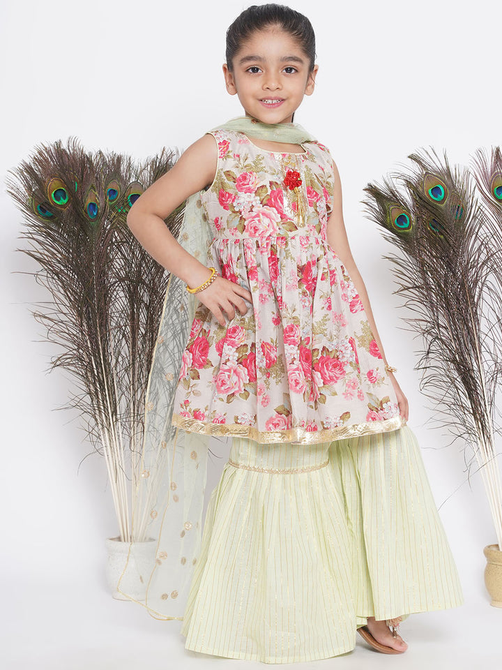 Gulabo Frock Style Kurta with golden strip sharara and Dupatta - Little Bansi