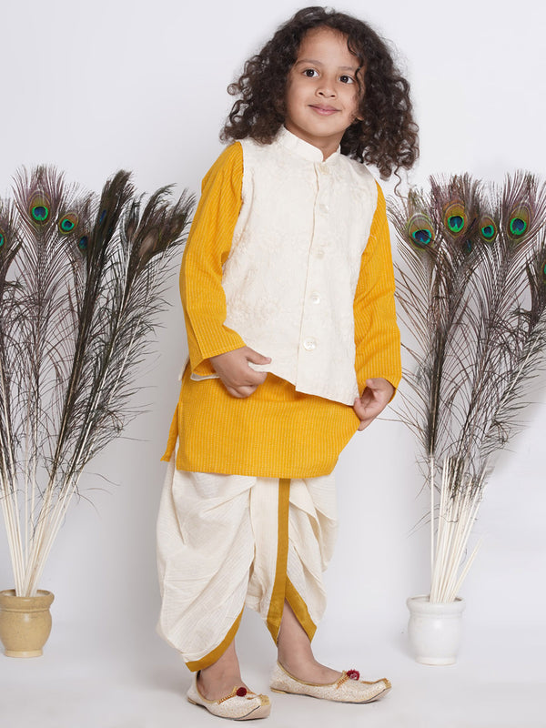 Boys Jaipuri thread work Kurta with Floral Embroidery Jacket and Dhoti - Little Bansi