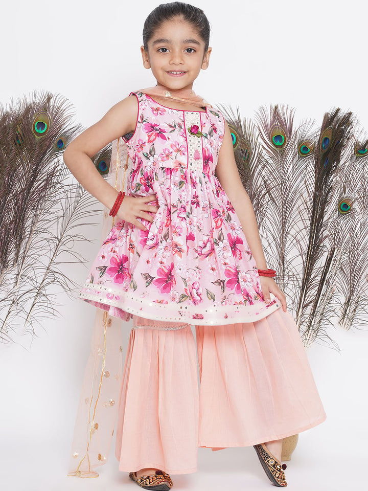 Gulabo Frock Style Kurta with Sharara and Dupatta - Pink & Peach - Little Bansi