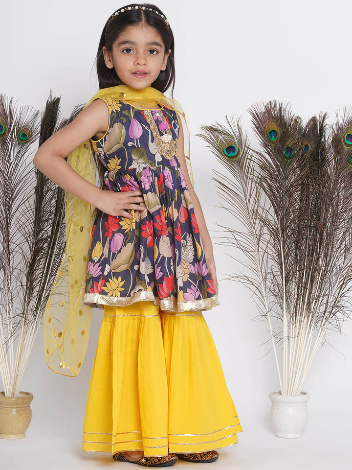 Lotus & Duck Print Frock Style Kurta with Gota work sharara and Dupatta - Little Bansi