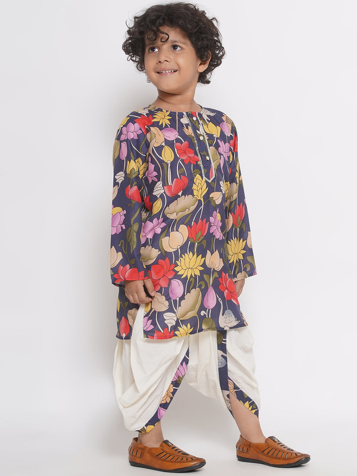 Wild Lotus & Flamingo Print Kurta with Pearl Button & Dhoti - Navy Blue - Little Bansi