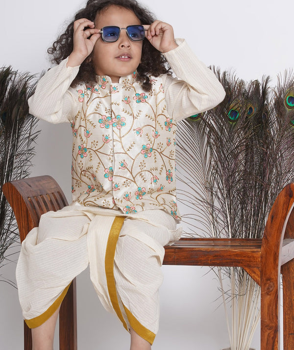 Boys  pink  Floral Embroidery Jacket with Cotton Kantha kurta and Kantha Dhoti - Little Bansi