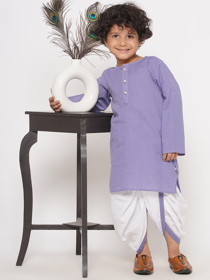 Little Bansi Boys Thread Work Kurta with Pearl buttons & Dhoti - Light Purple - Little Bansi