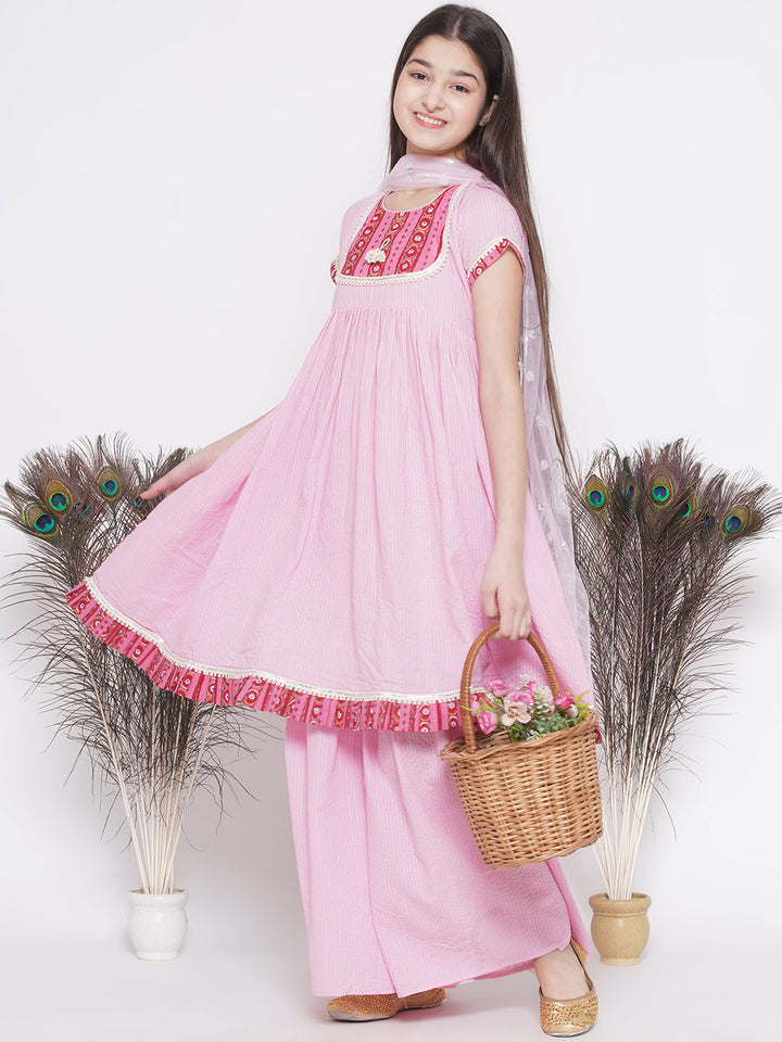Floral patch and lace work Frock Style Kurta with sharara and Dupatta - Little Bansi