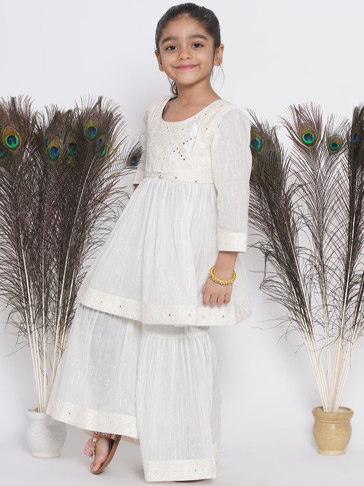 Frock style Kurta with Mirror work attached Jacket and Sharara with Dupatta - Little Bansi