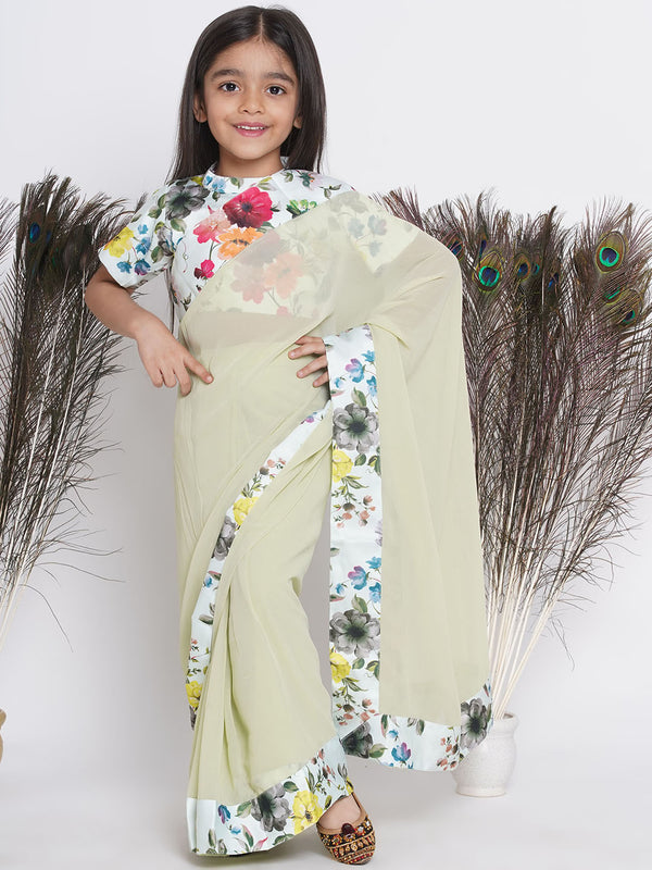 Girls Floral Printed Blouse with Ready-to-Wear Saree - Apple Green - Little Bansi
