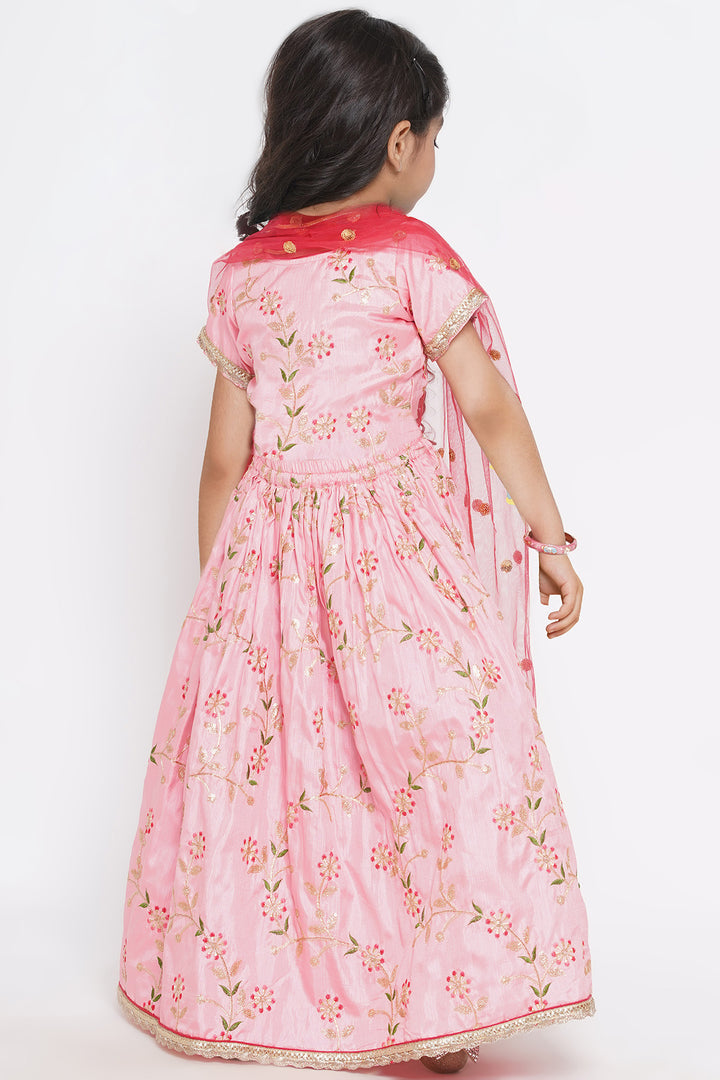 Silk Blouse with Lehenga and Dupatta with Floral Embroidery - Little Bansi