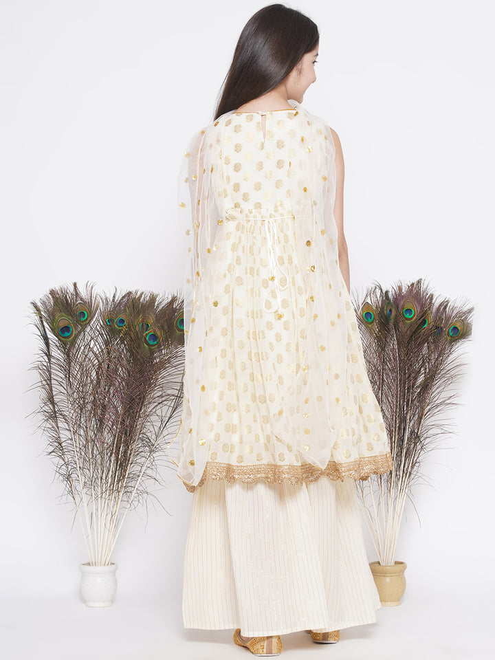 Banarsi floral work Frock Style Kurta with Golden Striped Sharara with Dupatta - Little Bansi