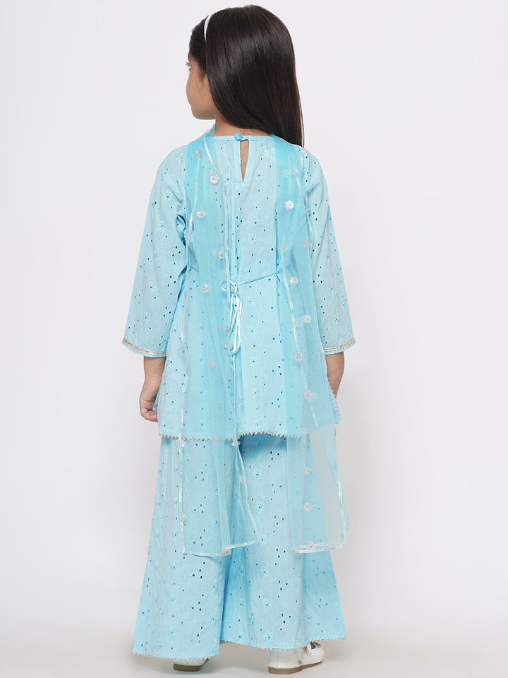 Chikan Kurta style frock with Plazzo and Dupatta with lace and ghungroo work - Little Bansi