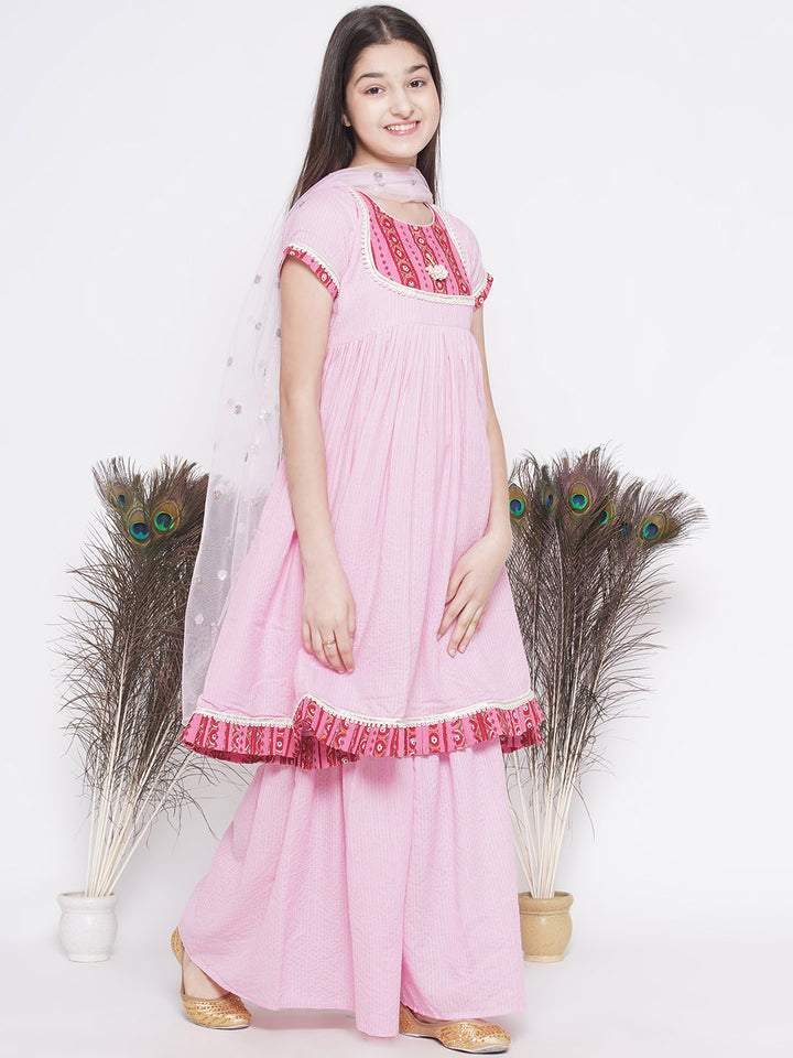Floral patch and lace work Frock Style Kurta with sharara and Dupatta - Little Bansi