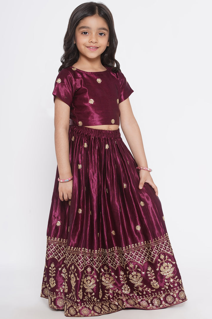 Floral Buti Sequence work Blouse with Sequins work Lehenga with Dupatta - Wine - Little Bansi