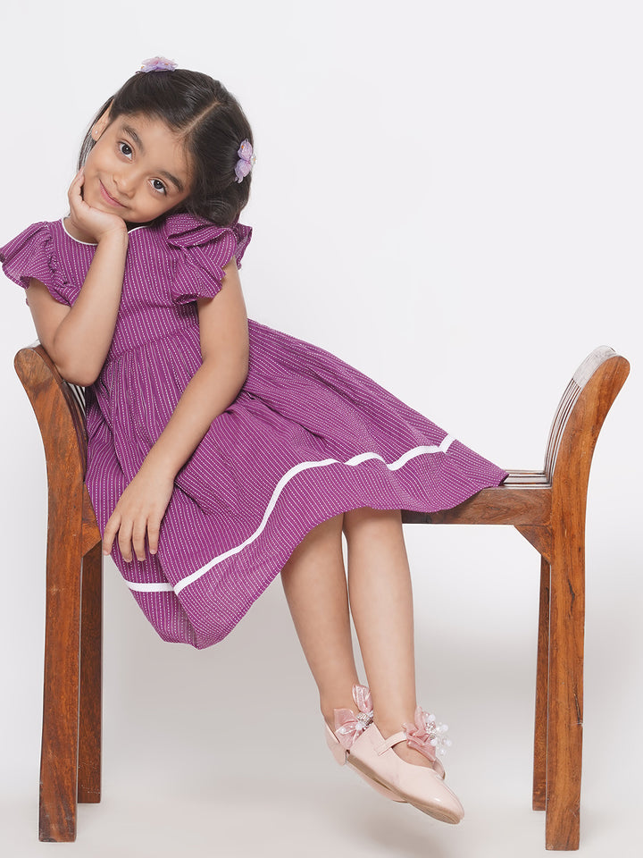 Little Bansi Girls Thread Work Ruffled Frock - Plum - Little Bansi