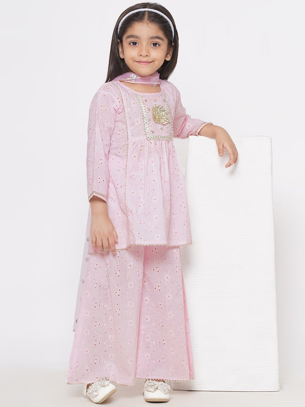 Chikan Kurta style frock with Plazzo and Dupatta with lace and ghungroo work - Little Bansi