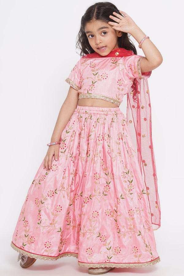 Silk Blouse with Lehenga and Dupatta with Floral Embroidery - Little Bansi