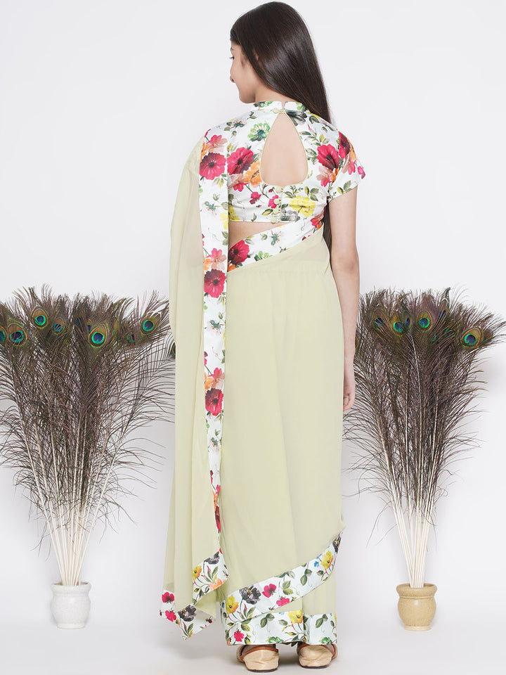 Girls Floral Printed Blouse with Ready-to-Wear Saree - Apple Green - Little Bansi