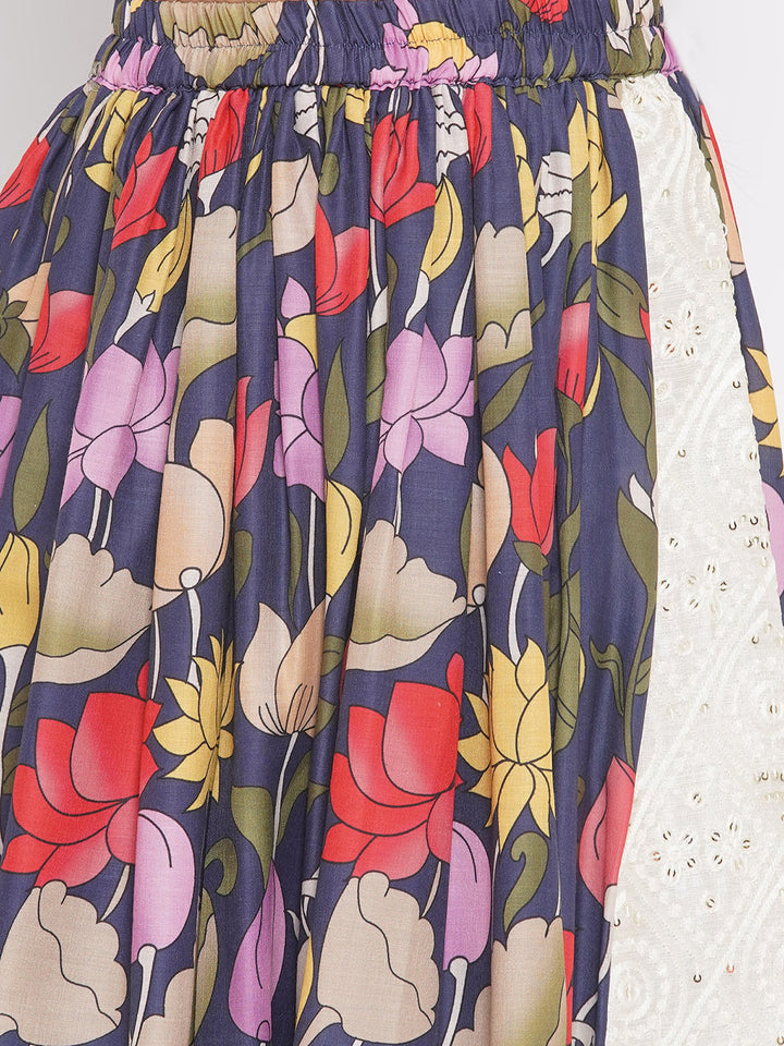 Indowestern Top with Floral Ghararara and Dupatta - Navy Blue - Little Bansi