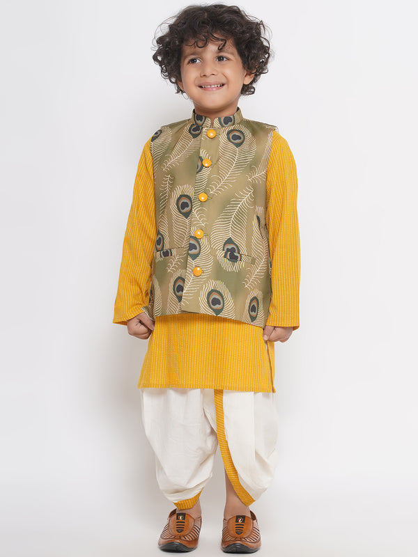 Peacock Feather print Jacket with Thread work Kurta and Dhoti - Yellow - Little Bansi