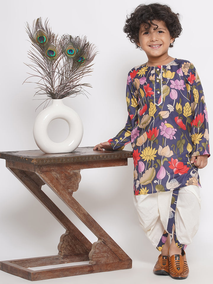 Wild Lotus & Flamingo Print Kurta with Pearl Button & Dhoti - Navy Blue - Little Bansi