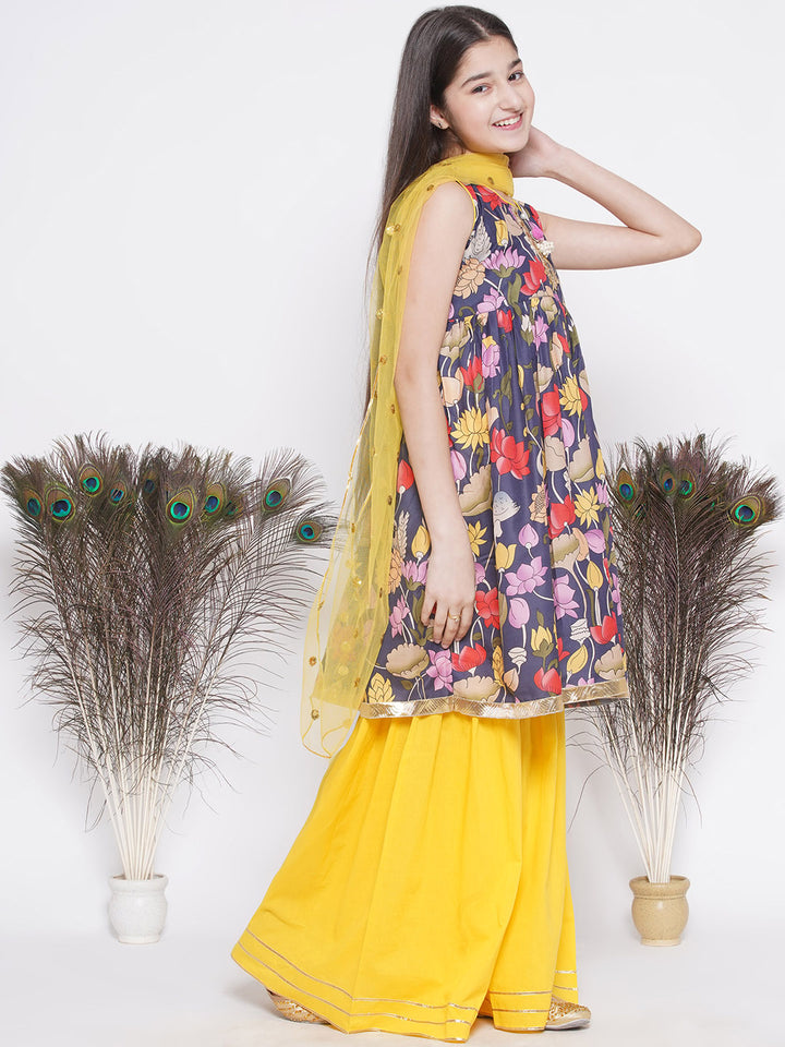 Lotus & Duck Print Frock Style Kurta with Gota work sharara and Dupatta - Little Bansi