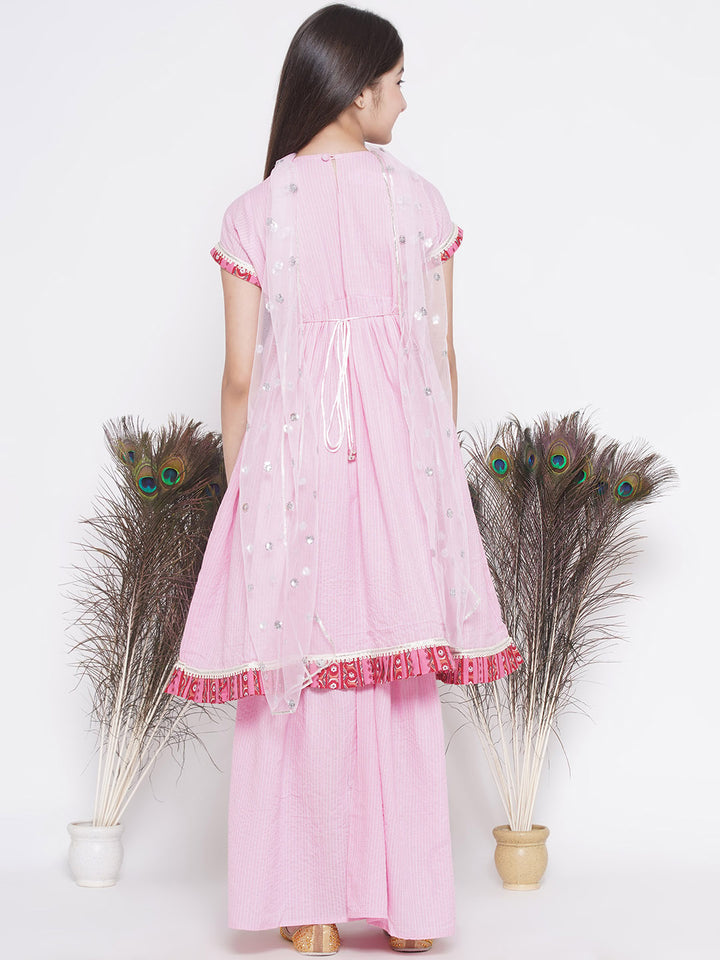 Floral patch and lace work Frock Style Kurta with sharara and Dupatta - Little Bansi