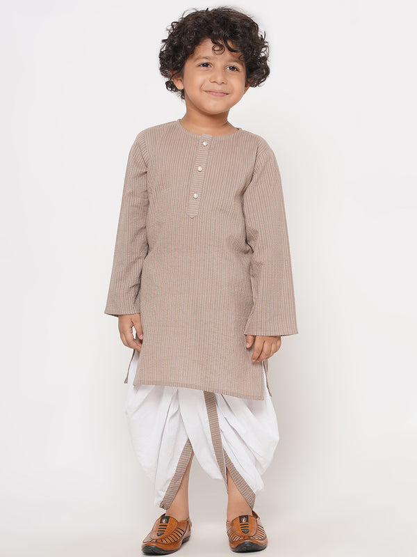 Little Bansi Boys Thread Work Kurta with Pearl buttons & Dhoti - Camel Brown - Little Bansi