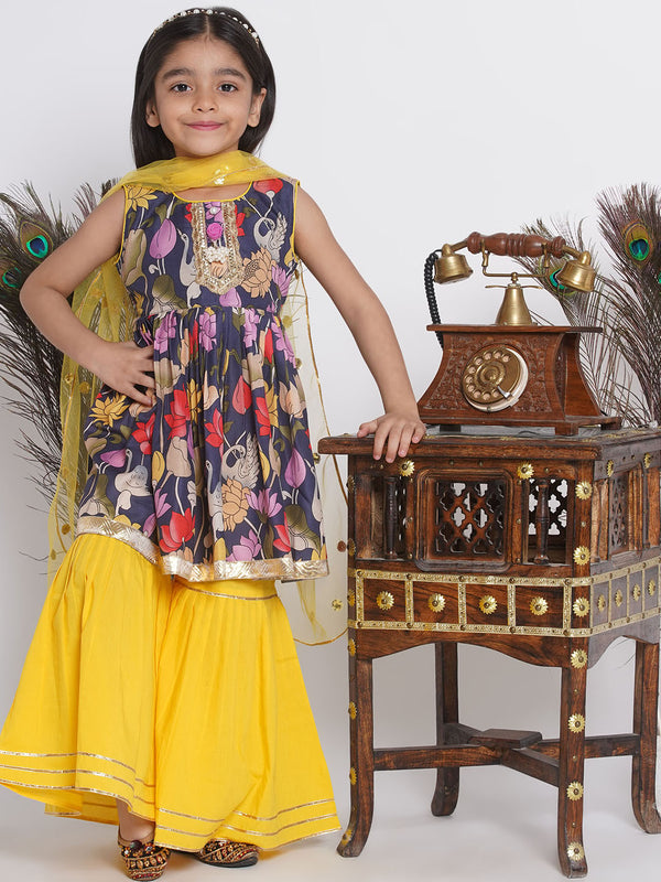 Lotus & Duck Print Frock Style Kurta with Gota work sharara and Dupatta - Little Bansi
