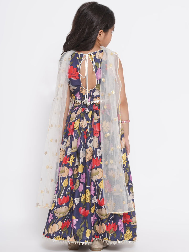 Indowestern Top with Floral Ghararara and Dupatta - Navy Blue - Little Bansi